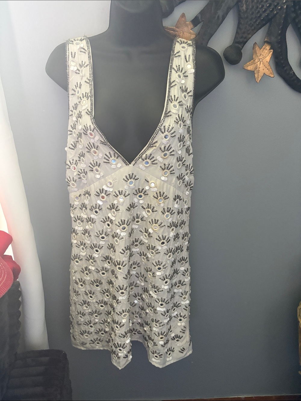 Free People Ivory Beaded Lace-Up Mini Dress